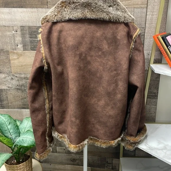 No Name Chocolate Brown Faux Suede & Faux Fox Fur Lined Coat XL - Picture 3 of 11